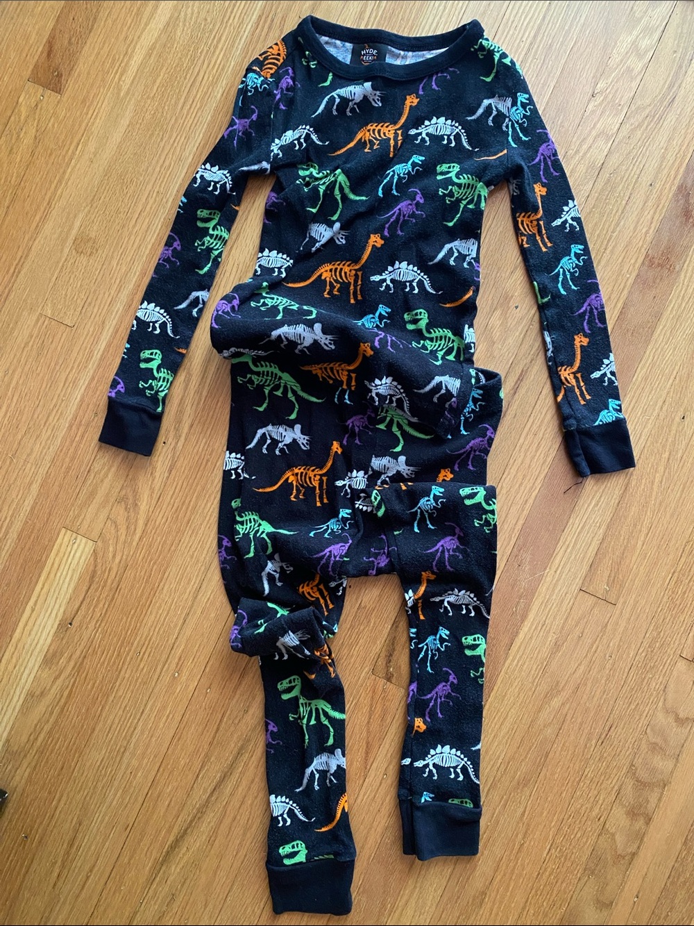 Kids Black Dinosaur Skeleton Pajama Set with Colorful Skeleton Print